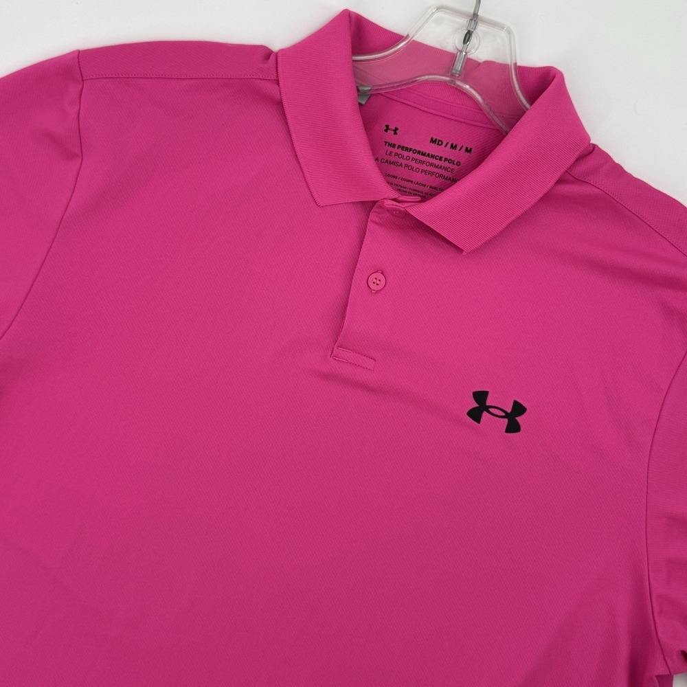 Under Armour Performance Polo Men Medium Pink Golfcore Athletic Loose Fit Shirt